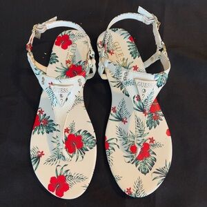 Guess White/Red Vinyl Floral Sandals, Size 9